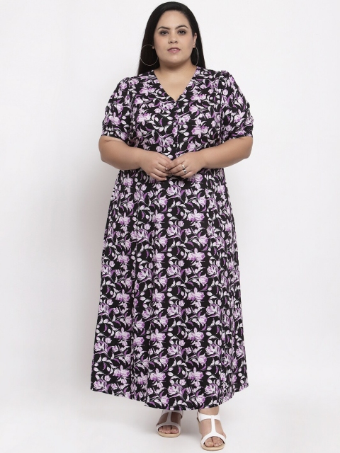 

plusS Women Black Floral Printed Kurta