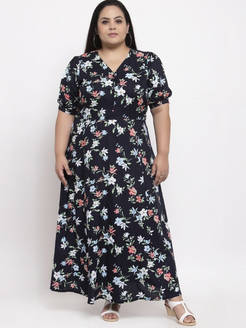 

plusS Plus Size Women Black Floral Printed Anarkali Kurta