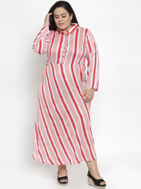 

plusS Women Off White Striped Flared Sleeves Mirror Work Kurta