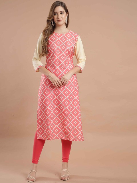 

KALINI Women Coral & Cream-Coloured Geometric Checked Crepe Kurta