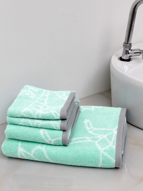 

AVI Living Set of 4 Green & White Printed 500 GSM Pure Cotton Towel Set