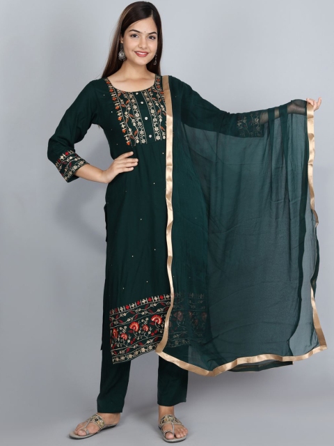 

Ziva Fashion Women Green Embroidered Layered Kurta with Trousers & With Dupatta
