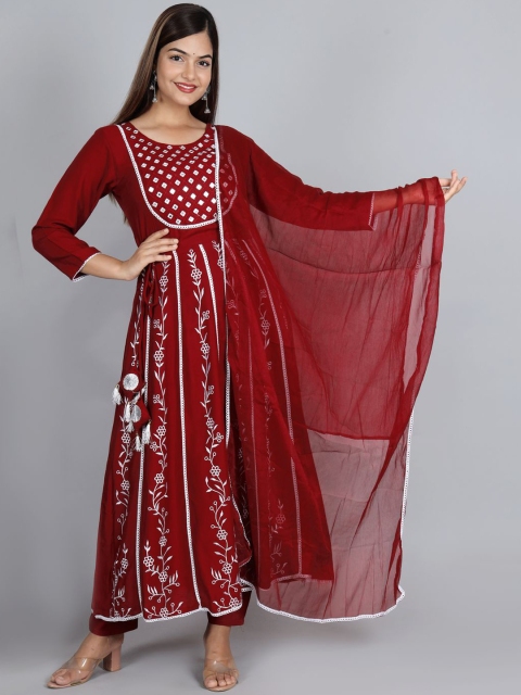 

Ziva Fashion Women Maroon Floral Yoke Design Kurta with Trousers & With Dupatta