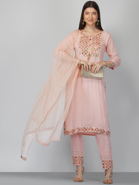 

Ziva Fashion Women Peach-Coloured Ethnic Motifs Yoke Design Pleated Kurta with Trousers & With Dupatta
