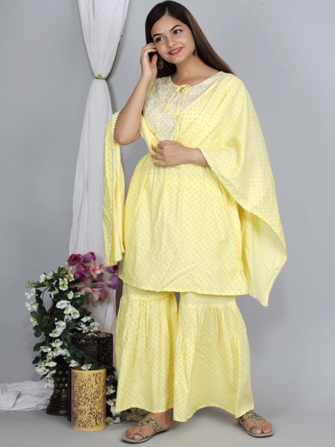 

Ziva Fashion Women Yellow Ethnic Motifs Yoke Design Panelled Kurta with Sharara & With Dupatta