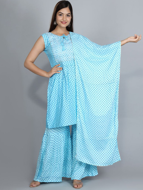 

Ziva Fashion Women Blue Printed Kurti with Sharara & With Dupatta