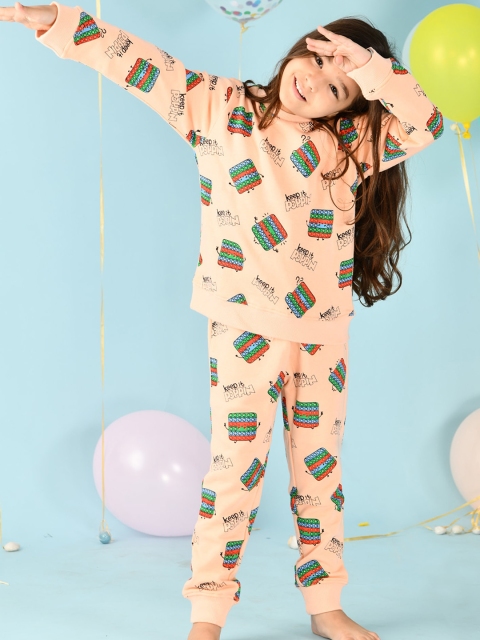 

Anthrilo Girls Peach-Coloured Printed Pure Cotton T-shirt with Pyjamas