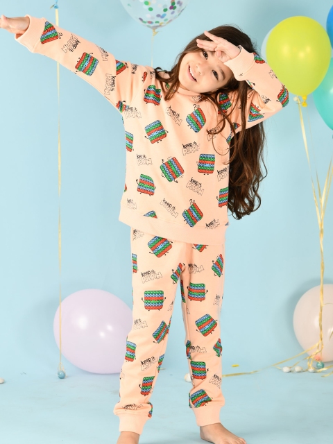 

Anthrilo Girls Peach Pink Printed Pure Cotton Sweatshirt with Joggers