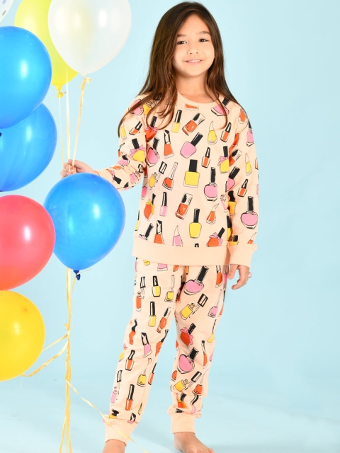 

Anthrilo Girls Peach-Coloured Printed T-shirt with Pyjamas