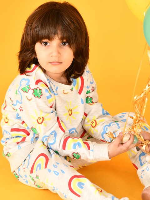 

Anthrilo Boys Off White Melange Printed Pure Cotton Sweatshirt with Joggers