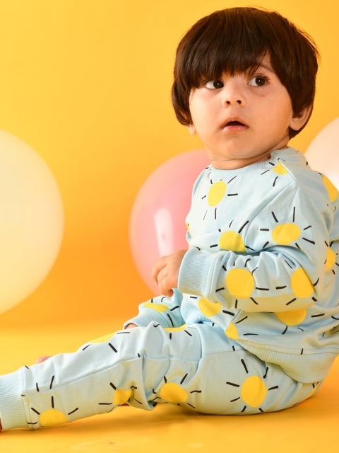 

Anthrilo Boys Blue & Yellow Printed Pure Cotton Sweatshirt with Joggers