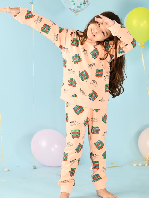 

Anthrilo Girls Peach-Coloured Printed Pure Cotton T-shirt with Pyjamas