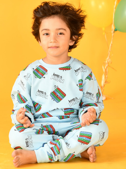

Anthrilo Boys Blue Printed Pure Cotton Sweatshirt with Joggers
