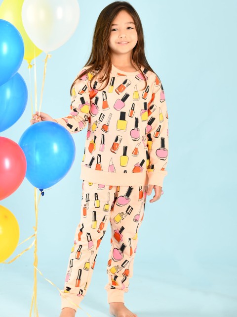 

Anthrilo Girls Peach-Coloured & Black Printed Pure Cotton Sweatshirt with Joggers
