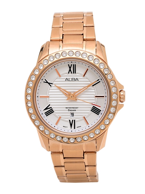 

Alba Women White Embellished Dial & Rose Gold Toned Stainless Steel Bracelet Style Straps Analogue Watch