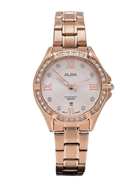 

Alba Women White Embellished Dial & Rose Gold Toned Stainless Steel Bracelet Style Straps Analogue Watch