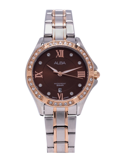 

Alba Women Brown Embellished Dial & Silver Toned Stainless Steel Bracelet Style Straps Analogue Watch