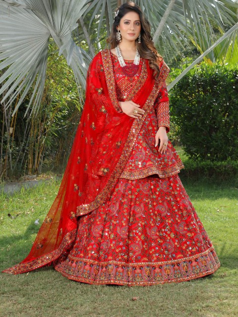 

ASPORA Red & Gold-Toned Embroidered Mirror Work Semi-Stitched Lehenga & Unstitched Blouse With Dupatta
