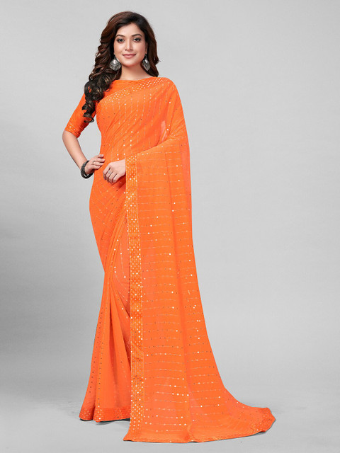

Granthva Fab Orange Sequined Embroidered Georgette Saree