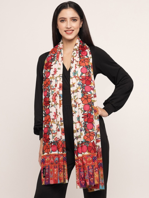 

Pashtush Women White& red Embroidered Shawl