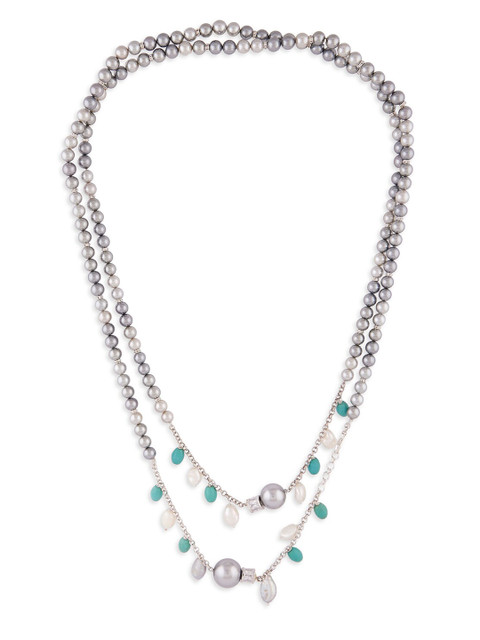 

URBATURE Silver-Toned & Grey Brass Silver-Plated Pearl Layered Necklace