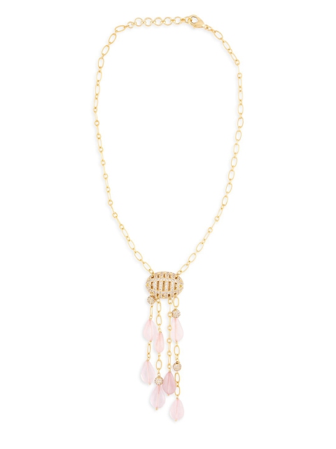 

URBATURE Women Gold-Toned & White Tasseled Necklace With Pink Rose Quartz