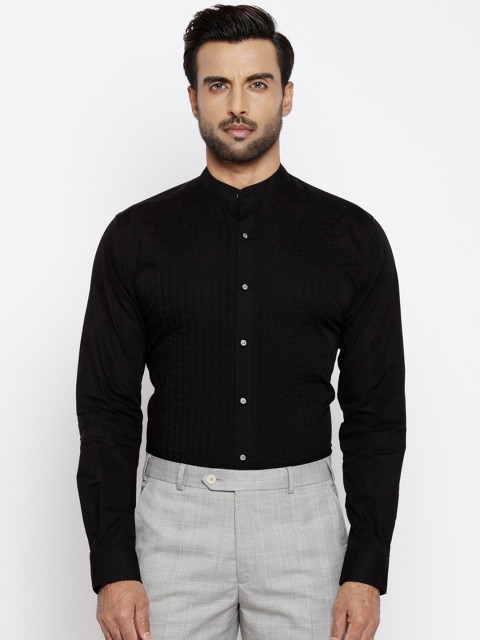 

Raymond Men Black Solid Pleated Party Shirt