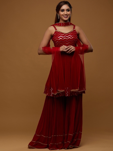 

Koskii Women Red Embroidered Kurta Set With Dupatta