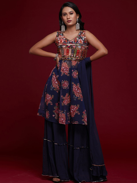 

Koskii Women Navy Blue Floral Embroidered Thread Work Kurta with Sharara & With Dupatta