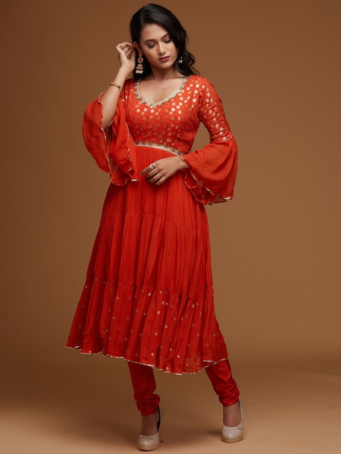 

Koskii Women Orange Ethnic Motifs Embroidered Beads and Stones Kurta Set With Dupatta
