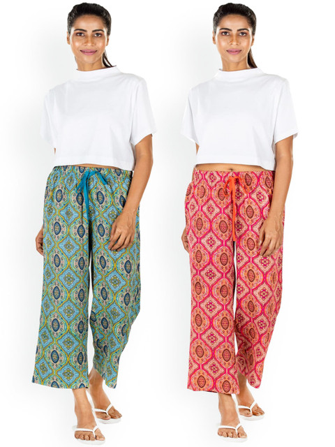 

S&F Women Pack Of 2 Pink & Teal Boho Paisley Printed Cropped Pyjamas