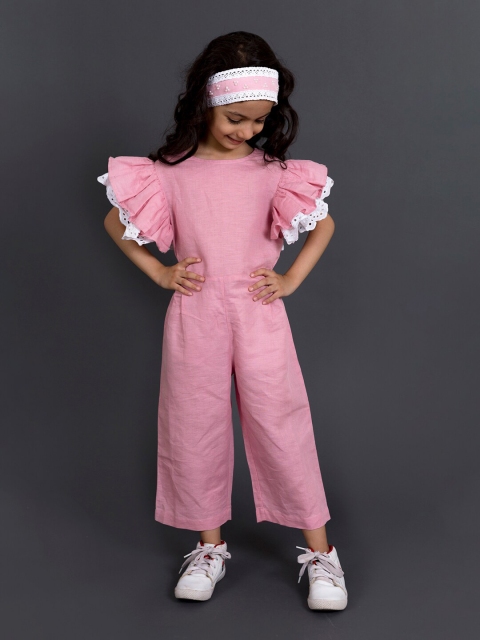 

Beyabella Girls Pink & White Solid Linen Basic Jumpsuit