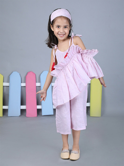 

Beyabella Girls Pink Linen Frilled Basic Jumpsuit