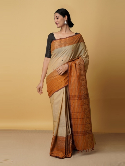 

Unnati Silks Cream-Coloured & Yellow Woven Design Pure Cotton Chettinad Saree