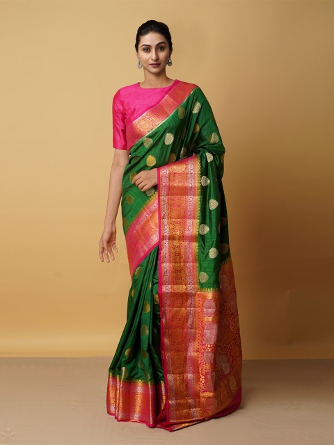 

Unnati Silks Women Green & Pink Woven Design Zari Silk Blend Kanjeevaram Saree