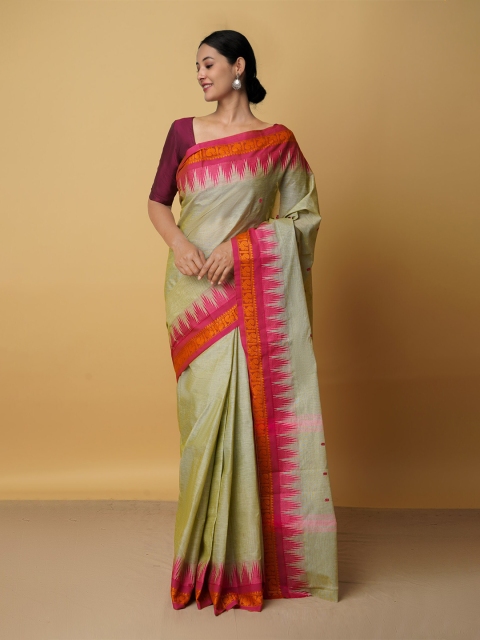 

Unnati Silks Women Green & Pink Woven Design Pure Cotton Chettinad Saree