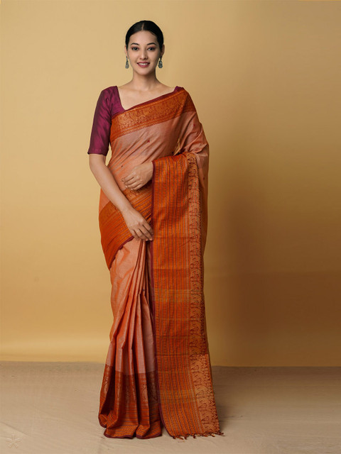 

Unnati Silks Women Orange & Maroon Woven Design Pure Cotton Chettinad Saree