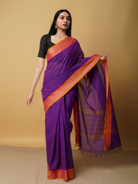 

Unnati Silks Purple & Red Woven Design Zari Pure Cotton Handloom Chettinad Saree