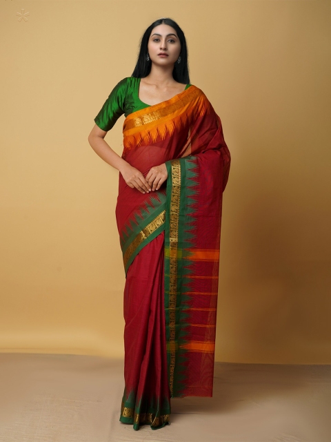 

Unnati Silks Women Maroon & Green Woven Design Zari Pure Cotton Saree