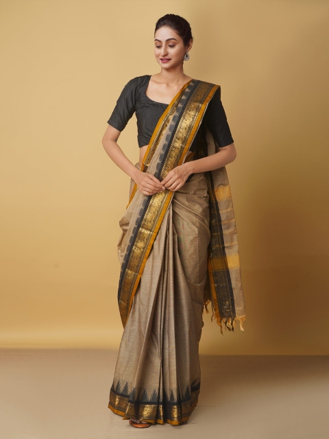 

Unnati Silks Brown & Black Woven Design Pure Cotton Chettinad Saree