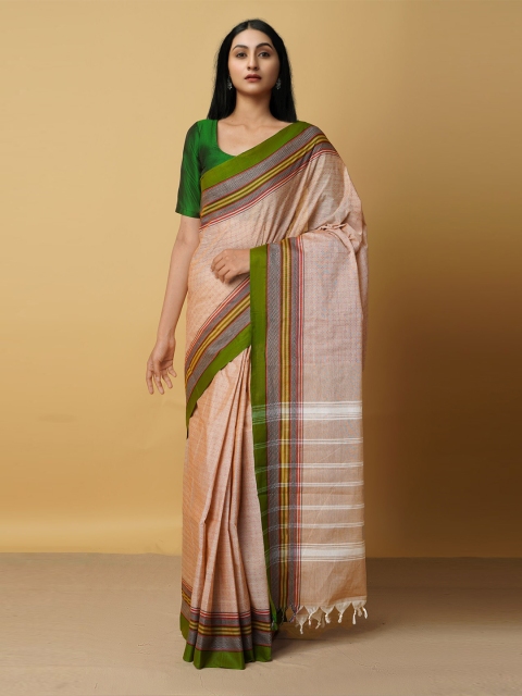 

Unnati Silks Cream-Coloured & Green Woven Design Pure Cotton Chettinad Saree