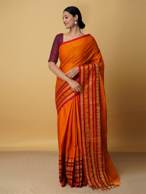 

Unnati Silks Orange & Red Woven Design Pure Cotton Chettinad Saree