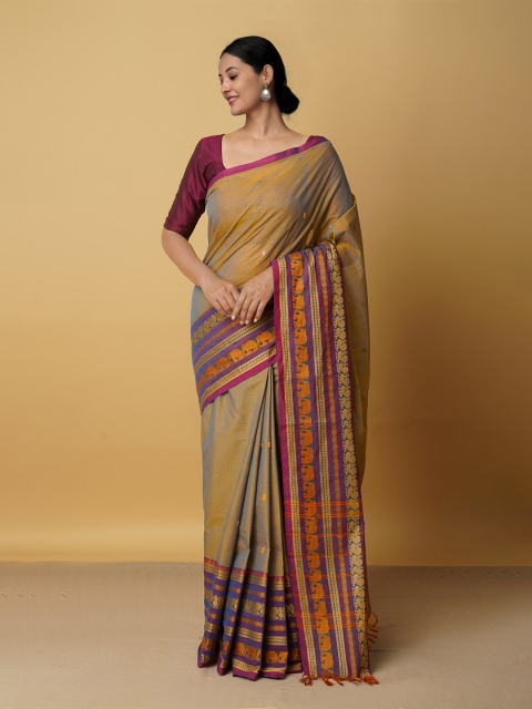 

Unnati Silks Brown & White Woven Design Pure Cotton Chettinad Saree