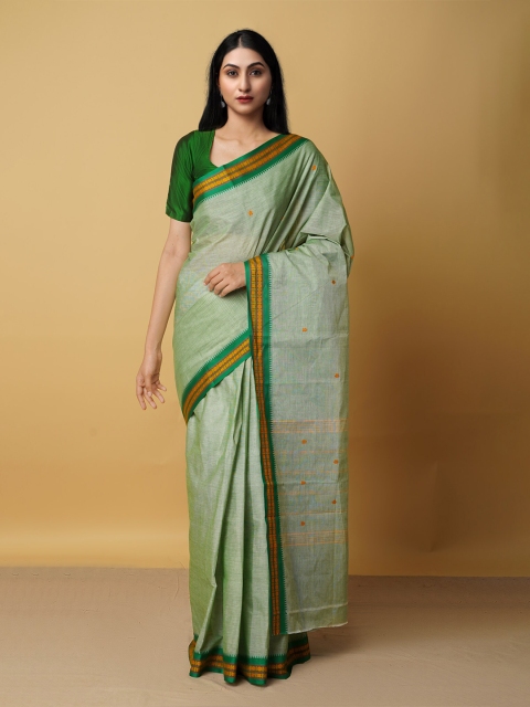 

Unnati Silks Green & Gold-Toned Woven Design Pure Cotton Chettinad Saree
