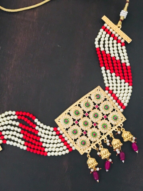 

The Opal Factory Gold-Plated Red & Maroon Stone-Studded Jewellery Set