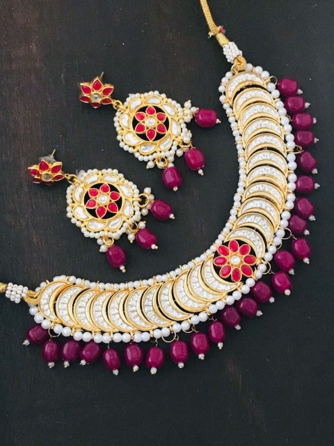 

The Opal Factory Gold-Plated Maroon & White Kundan Studded & Beaded Jadau Jewellery Set