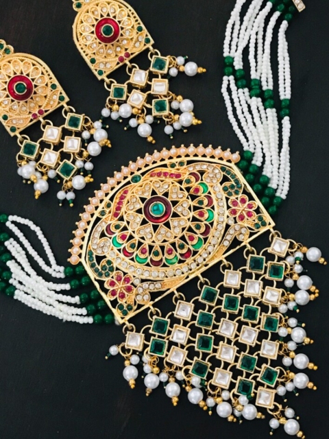 

The Opal Factory Women Gold-Plated Green & White AD-Studded Beaded Jadau Jewellery Set
