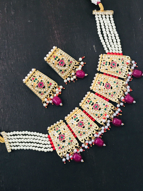 

The Opal Factory Gold-Plated Red & White Stone Studded & Beaded Jadau Jewellery Set