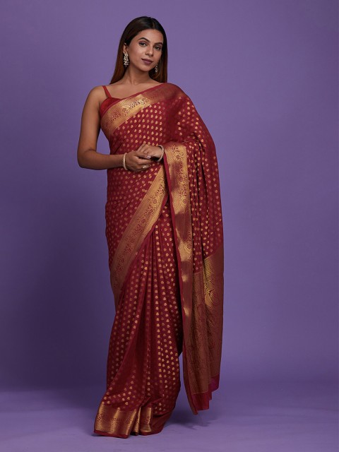 

Koskii Women Maroon & Gold-Toned Woven Design Zari Art Silk Banarasi Saree