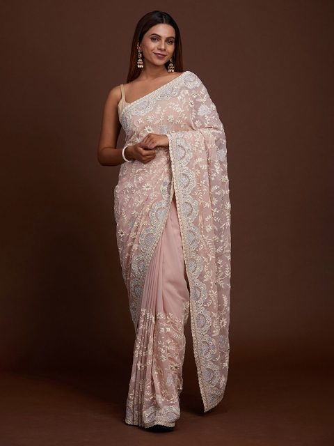 

Koskii Lavender & White Floral Embroidered Supernet Saree